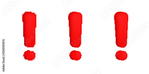 Three pixelated red exclamation marks with a glossy effect, featuring a bold digital typography style