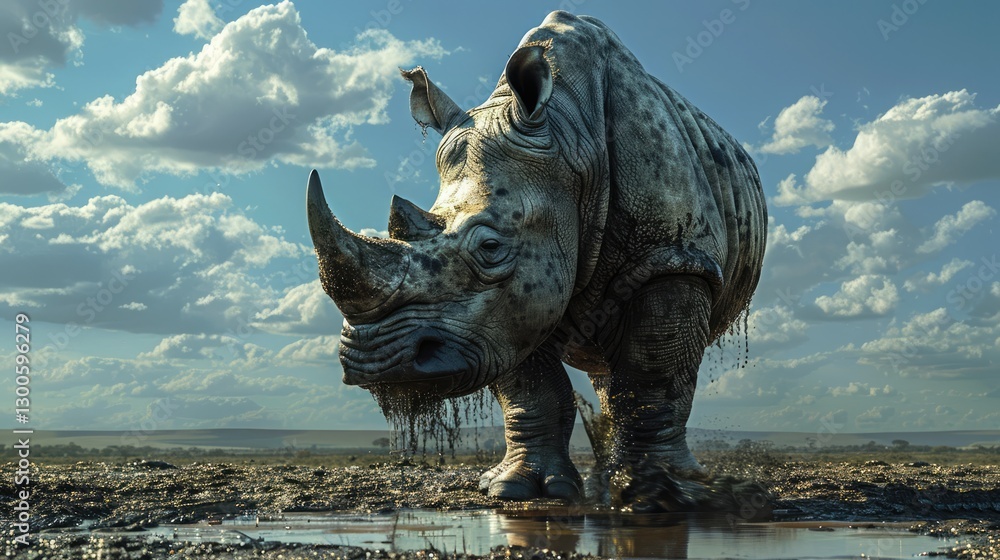 Fototapeta premium A majestic rhinoceros standing in a muddy landscape under a blue sky with fluffy clouds, showcasing wildlife resilience