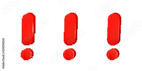 Three pixelated red exclamation marks with a glossy effect, designed in a bold digital typography style