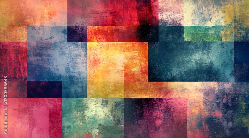 Abstract digital painting with overlapping textured red, blue, yellow, and green rectangles. The grunge-style design blends warm and cool tones, creating a dynamic, modern, and artistic composition. Abstract digital painting with overlapping textured red, blue, yellow, and green rectangles. The grunge-style design blends warm and cool tones, creating a dynamic, modern, and artistic composition.
