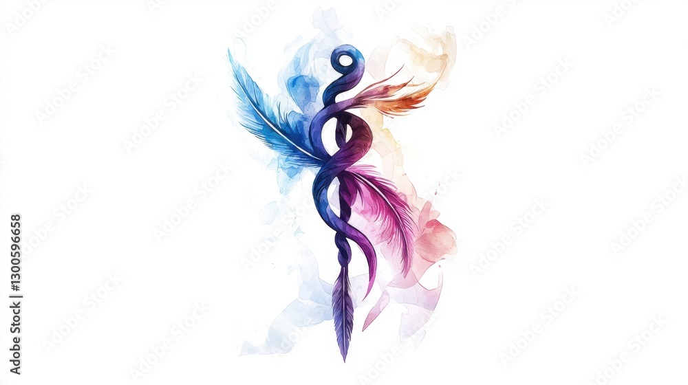 Obraz premium A colorful snake with a blue, red, and purple tail is curled around a white