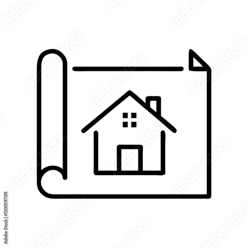 Blueprint icon of a house design, illustrating architectural plans, black outline, modern design