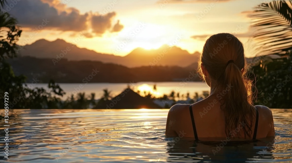 A woman is in a pool, looking out at the sunset A woman is in a pool, looking out at the sunset