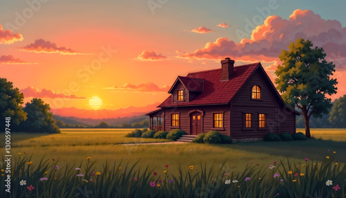 Cozy Wooden House at Sunset - Warm Countryside Cabin in a Serene Landscape. 