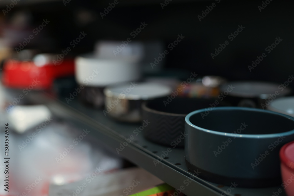 Different feeding bowls on shelf in pet shop, closeup Different feeding bowls on shelf in pet shop, closeup