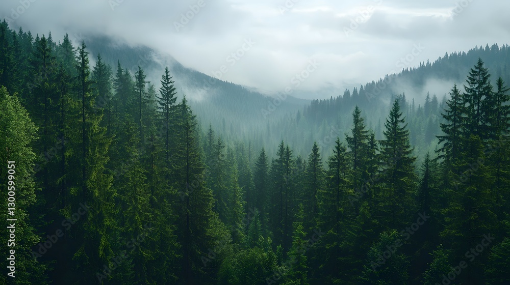 Obraz premium A dense forest of tall, green pine trees in the mountains