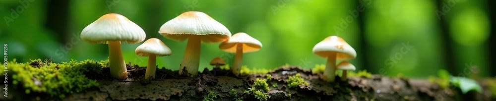 White mushroom caps growing on a decaying tree trunk, green, organic White mushroom caps growing on a decaying tree trunk, green, organic