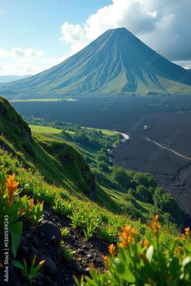 Fototapeta premium Volcanic landscape with lush greenery and unique wildlife, galapagos, endemic species, planet