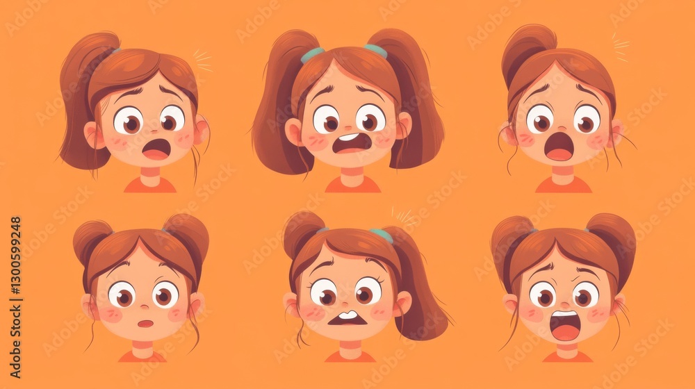 Animated young girl displaying various emotions with surprised expressions Animated young girl displaying various emotions with surprised expressions