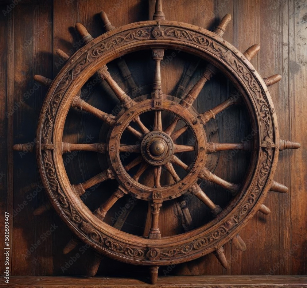 Antique wooden sailing vessel's wheel with intricate carvings and rusty metalwork, sailorless, sea Antique wooden sailing vessel's wheel with intricate carvings and rusty metalwork, sailorless, sea