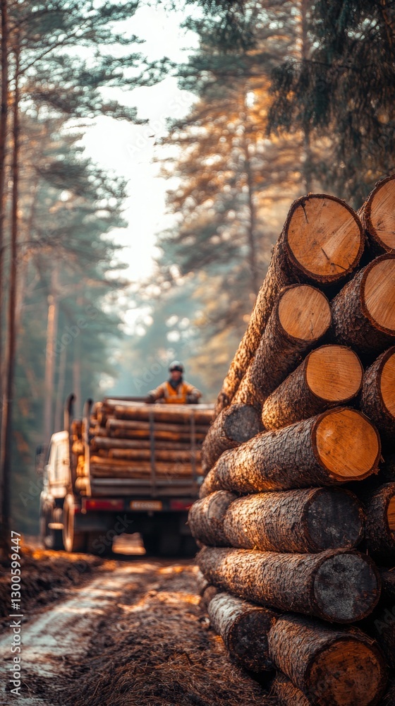 A logging site deep in the forest shows cut logs piled up, with a timber truck in the background. The scene highlights deforestation’s impact on nature and the environment. A logging site deep in the forest shows cut logs piled up, with a timber truck in the background. The scene highlights deforestation’s impact on nature and the environment.