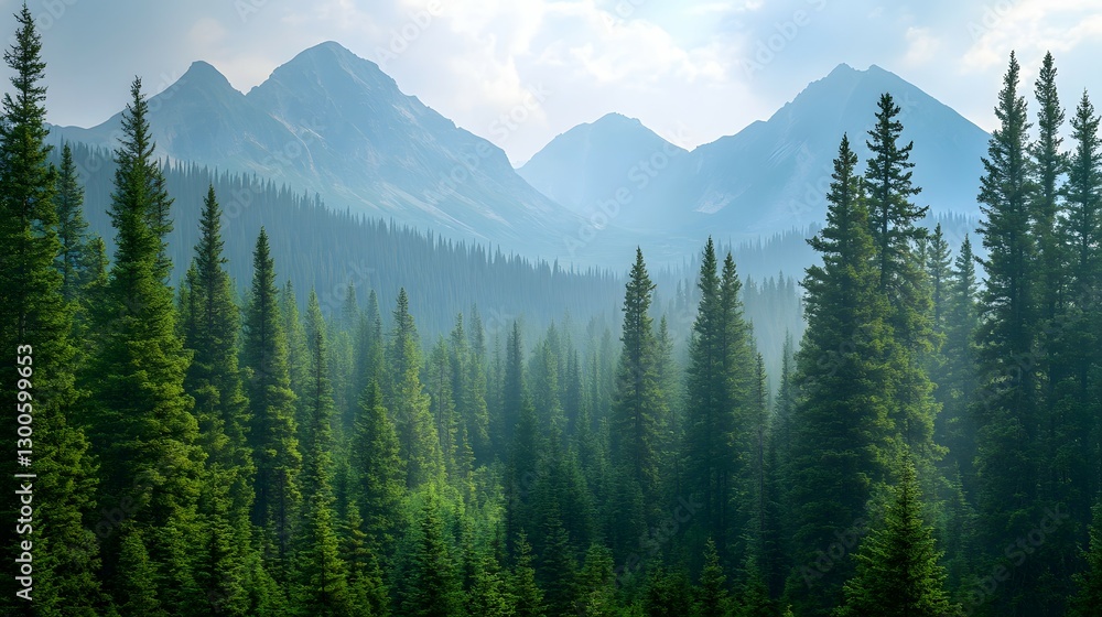 Fototapeta premium A dense forest of tall, green pine trees in the mountains