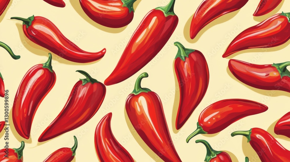 Red chili peppers pattern on yellow background with vibrant capsicums Red chili peppers pattern on yellow background with vibrant capsicums