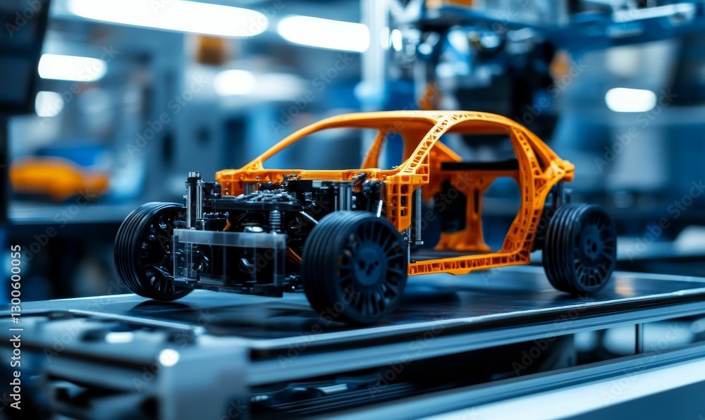 Fototapeta premium Orange car frame model showcased in modern industrial setting.