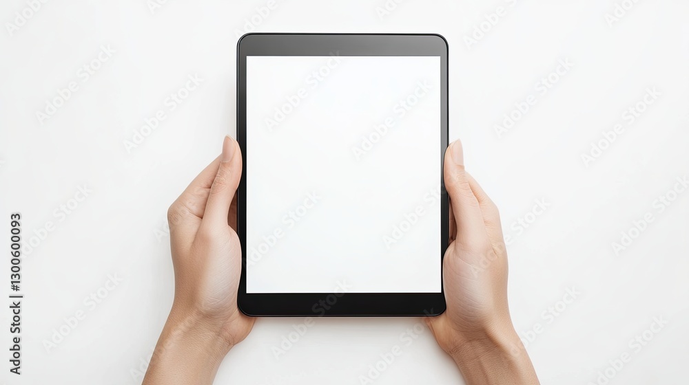 Hands holding a black tablet with a blank white screen isolated on a white background Hands holding a black tablet with a blank white screen isolated on a white background