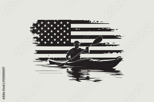 Patriotic Kayaker with American Flag 
 vector