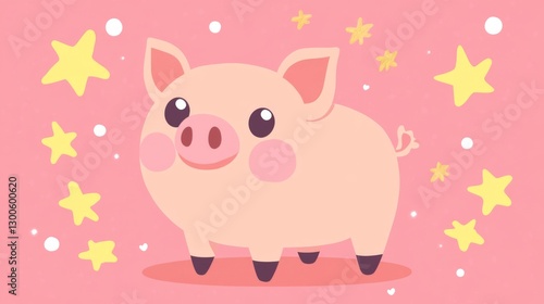 Cute cartoon piglet surrounded by yellow stars on a pink background
