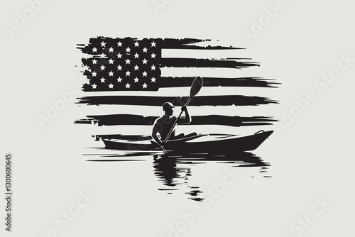 Patriotic Kayaker with American Flag 
 vector