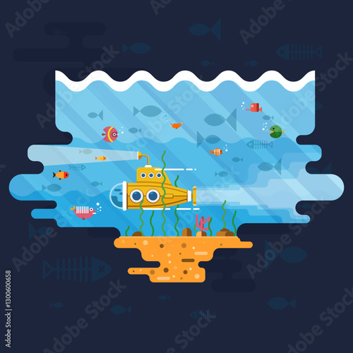 Colorful submarine explores the vibrant underwater world teeming with diverse marine life