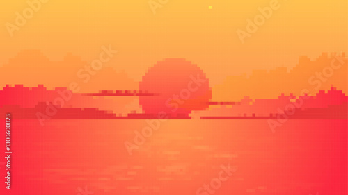 Vibrant pixel art captures a red sun setting over a golden horizon. art showcases a pixelated landscape.