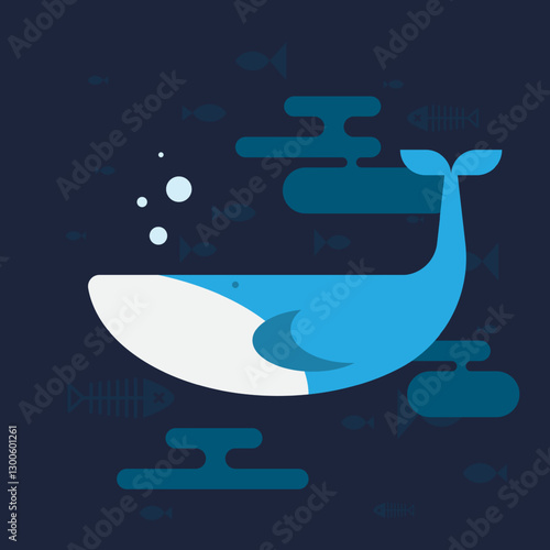Bright blue whale swimming gracefully in a serene underwater environment