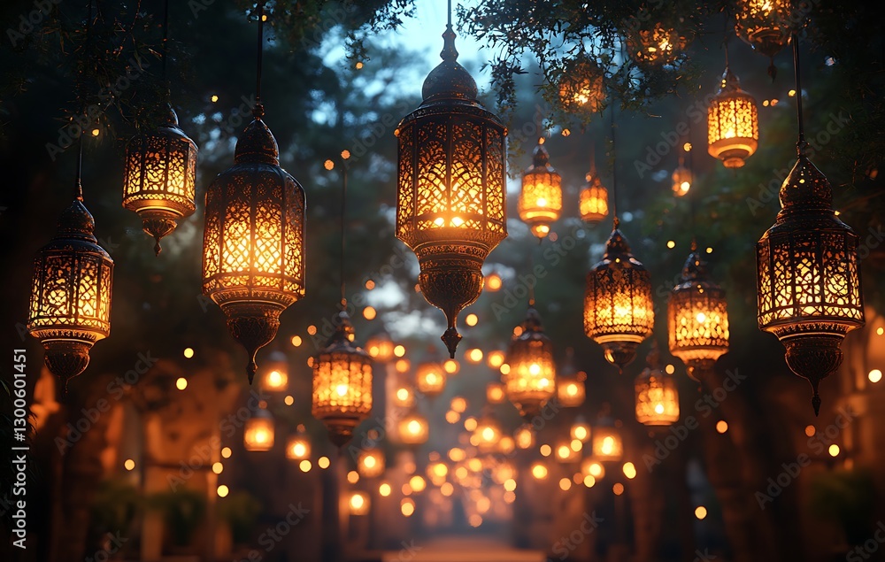 Obraz premium Dreamy Lanterns Hanging from Trees in a Serene Evening Glow