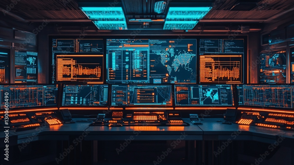 Futuristic control room with multiple monitors displaying data. Futuristic control room with multiple monitors displaying data.