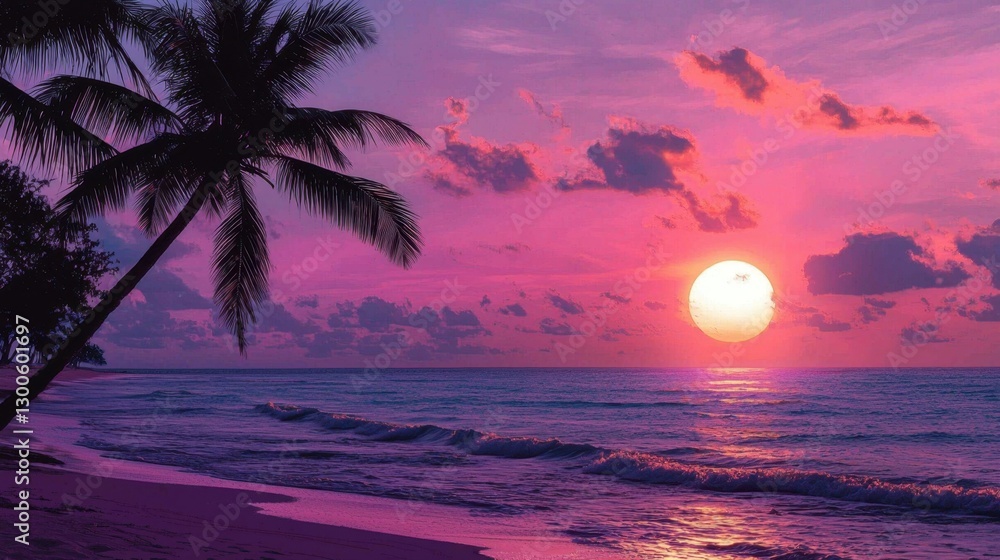 A beautiful sunset over the ocean with a palm tree in the background A beautiful sunset over the ocean with a palm tree in the background