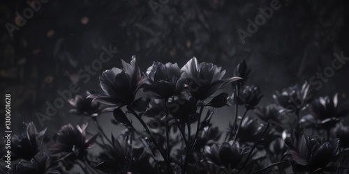 Dark charcoal floral petals unfolding like a mysterious night sky,  night garden,  mystical