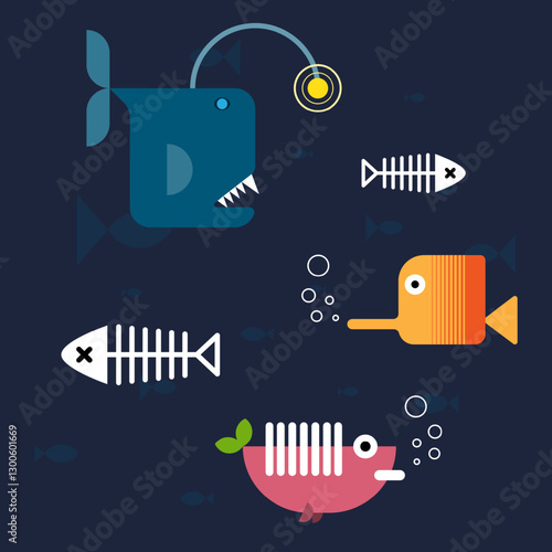 Colorful underwater scene featuring playful fish and a large predatory creature in a dark ocean background