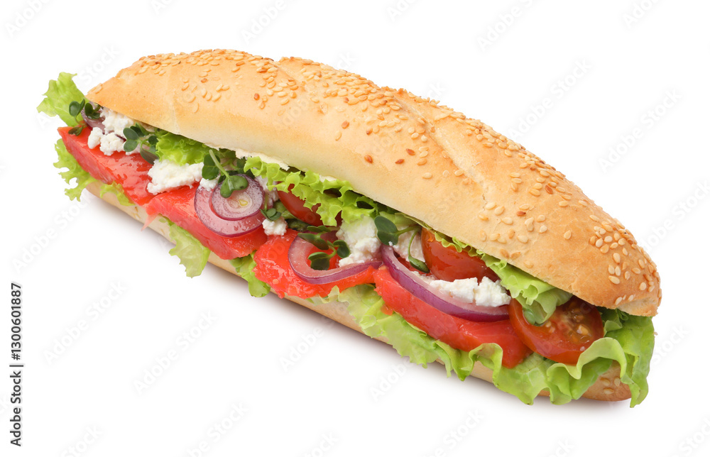 Delicious baguette sandwich with salmon isolated on white Delicious baguette sandwich with salmon isolated on white