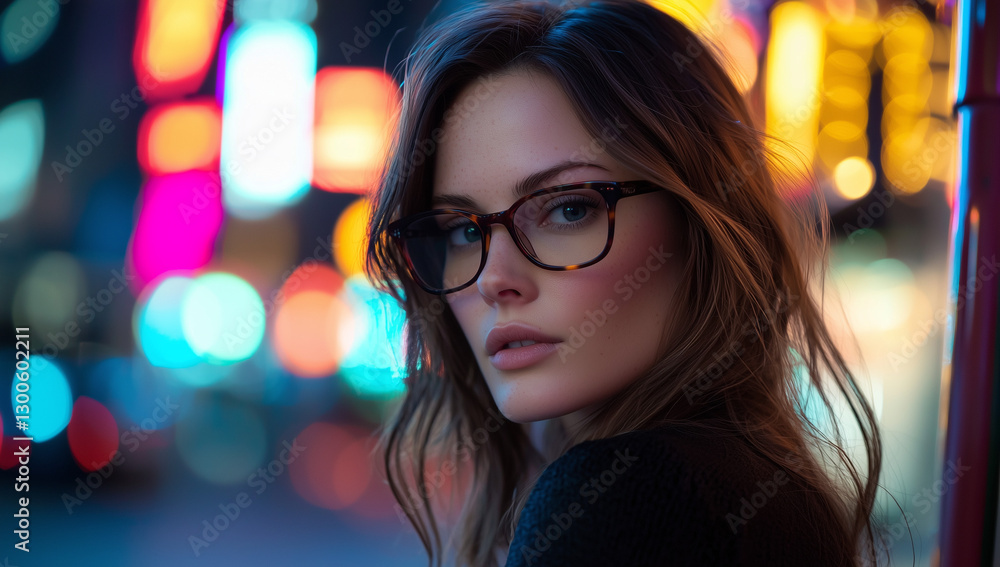 Cinematic Close-Up of a Serious Woman with Glasses in the City at Night, Bokeh Neon Lights in Background Cinematic Close-Up of a Serious Woman with Glasses in the City at Night, Bokeh Neon Lights in Background
