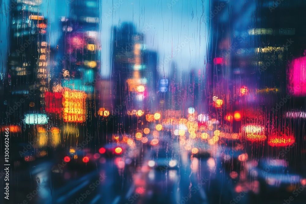 Fototapeta premium a nighttime city skyline adorned with rainsoaked windows illuminated by vibrant neon lights creating a captivating blur of colors and reflections in a dreamy urban setting