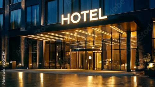Luxury hotel entrance with illuminated signage and modern glass facade at night