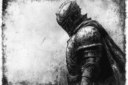 a noble knight in ornate armor intricate metalwork etching style dramatic side profile gothic details deep shadows weathered metal texture