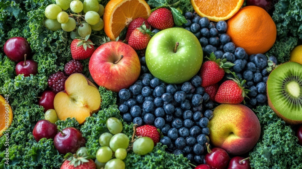 Vibrant assortment of fresh fruits and verdant kale promoting healthy eating Vibrant assortment of fresh fruits and verdant kale promoting healthy eating