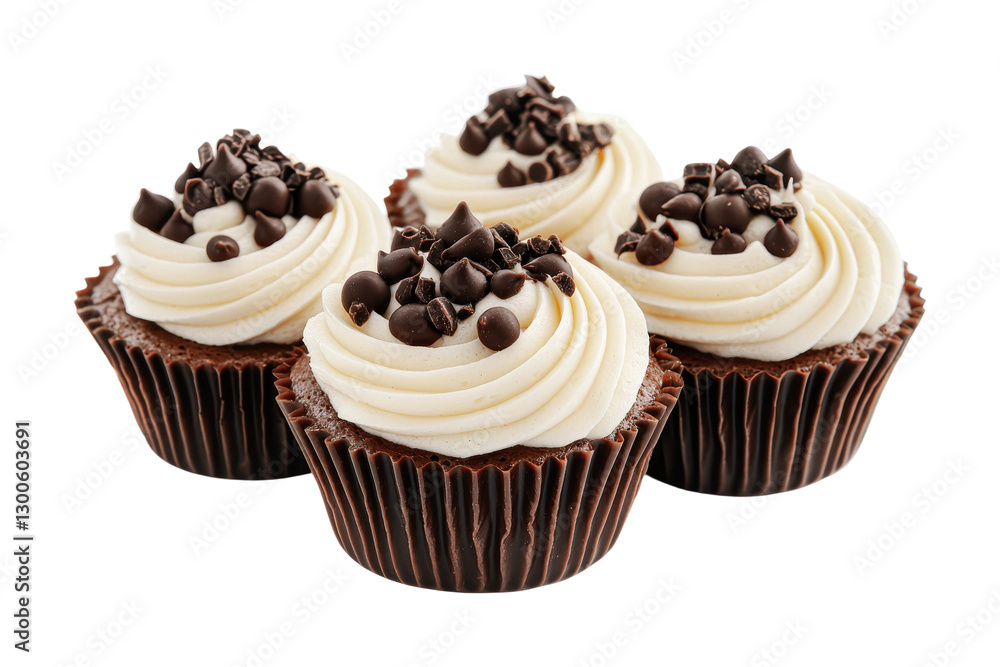Delicious chocolate cupcakes with creamy frosting and chocolate chips perfect for dessert or celebration treats, cut out Delicious chocolate cupcakes with creamy frosting and chocolate chips perfect for dessert or celebration treats, cut out