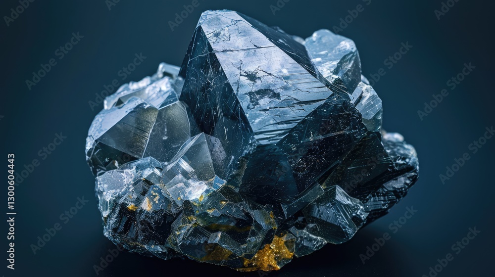Close-up view of a stunning crystal formation showcasing intricate details and reflections against a dark backdrop Close-up view of a stunning crystal formation showcasing intricate details and reflections against a dark backdrop