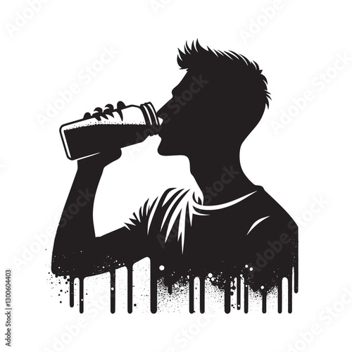 Silhouette of a Young Man Drinking from a Bottle with Grunge Eff