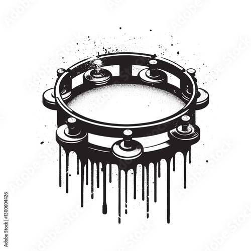 Abstract monochrome tambourine illustration with distressed drip