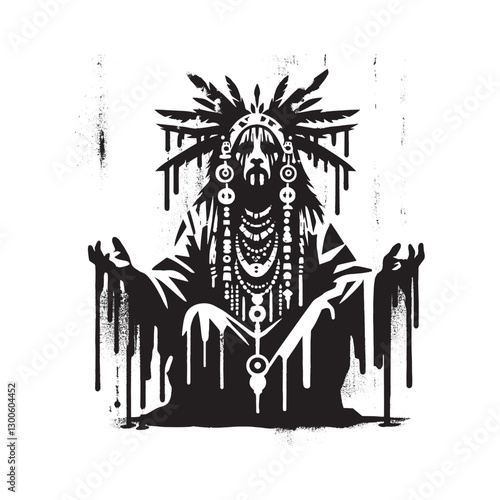 Abstract shamanic figure with dripping spray and stencil effects