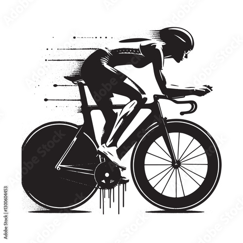 Abstract stencil of determined female cyclist speeding with drip