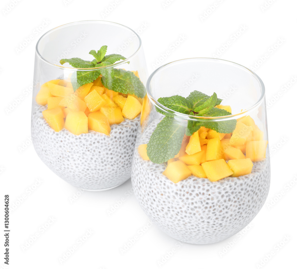 Delicious chia pudding with mango and mint in glasses isolated on white Delicious chia pudding with mango and mint in glasses isolated on white