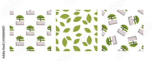 Set of seamless patterns with bonsai trees and green leaves in flat style on white background