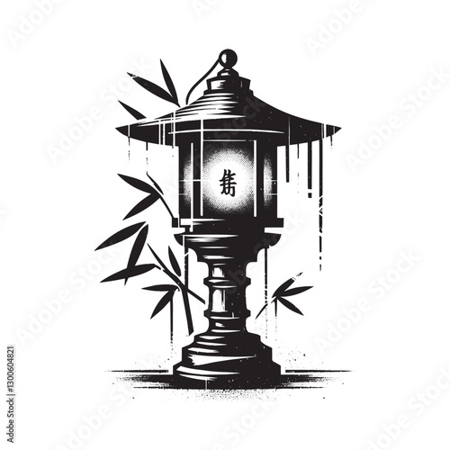 Elegant monochrome drawing: Japanese lantern with bamboo leaves