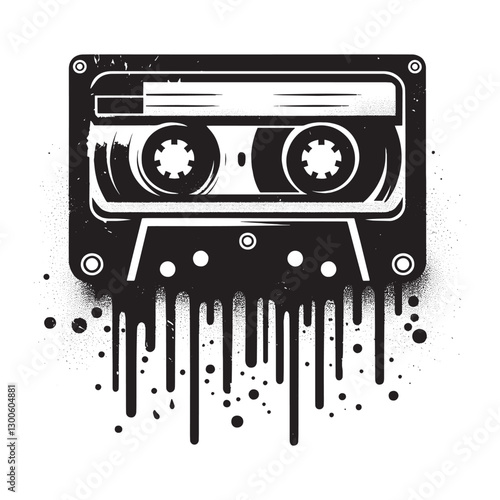 Vintage Cassette Tape with Dripping Ink Effect in Grayscale Illu