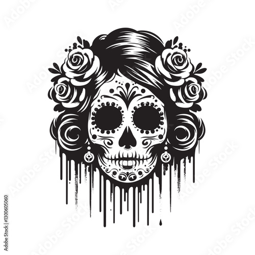 Elegant sugar skull adorned with roses, a monochrome depiction o
