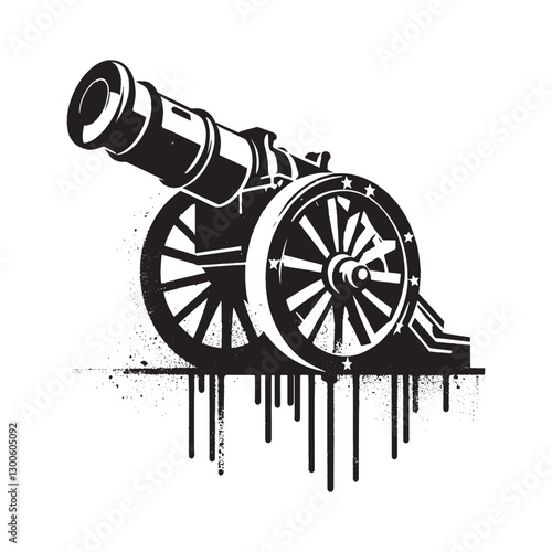 Illustrative Old Cannon with Star Embellishments in Black and Wh