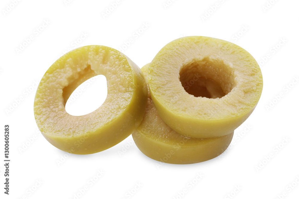Slices of delicious marinated green olive isolated on white Slices of delicious marinated green olive isolated on white