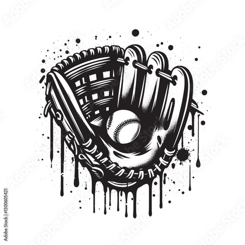 Baseball glove and ball rendered with abstract dripping paint sp